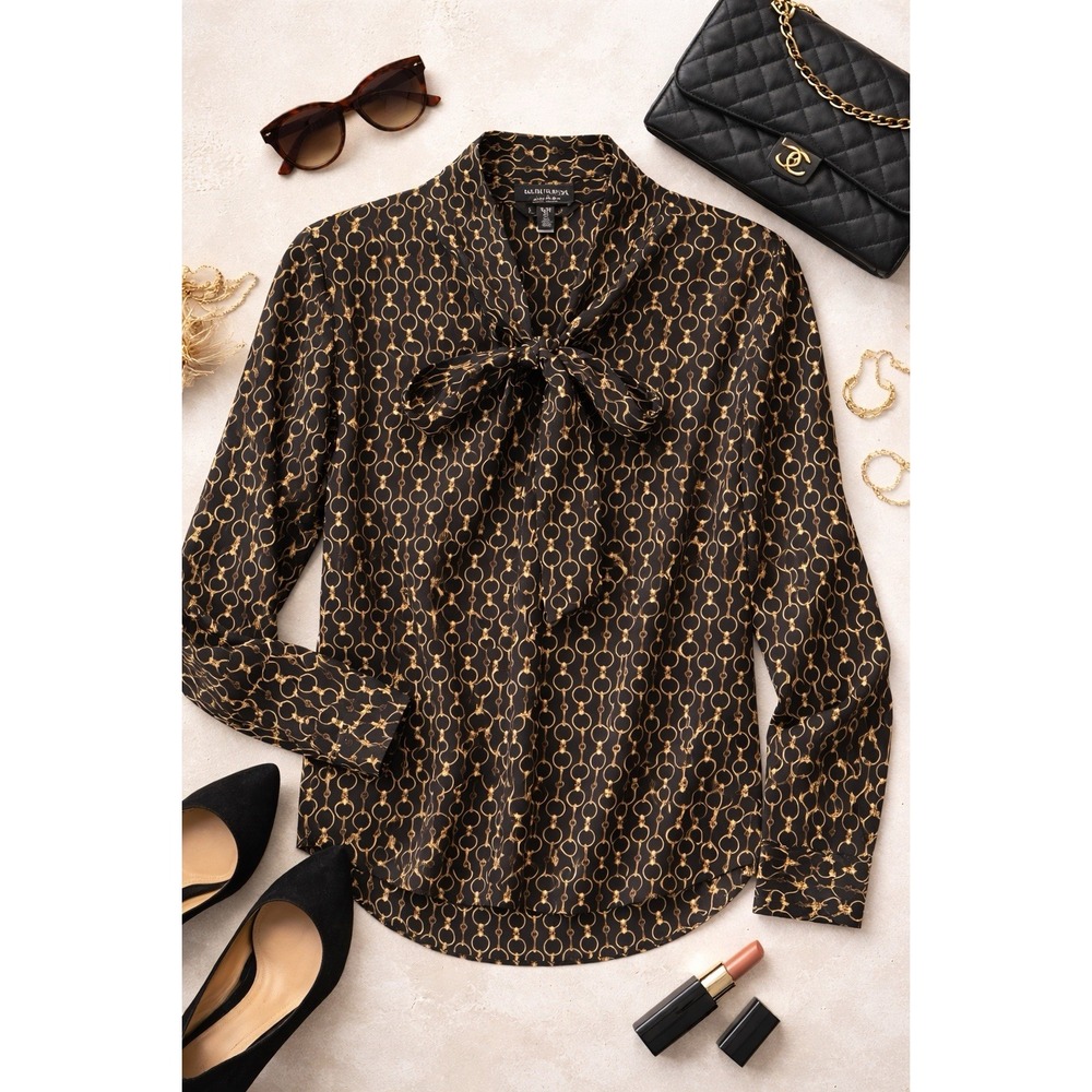 Lauren Ralph Lauren Chain Print Tie Neck Blouse XL Classic Flowy Equestrian